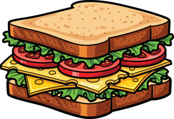Cartoon Sandwich Illustration with Toasted Bread, Swiss Cheese, Lettuce, and Tomato – Stylized Food Graphic for Menus, Nutrition Education, or Culinary Branding