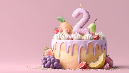 Pastel 2nd Birthday Cake with Fruits, Pink Drip Icing and Number Candle