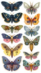 Fototapeta premium Colorful moth and butterfly illustrations, various species, detailed wings