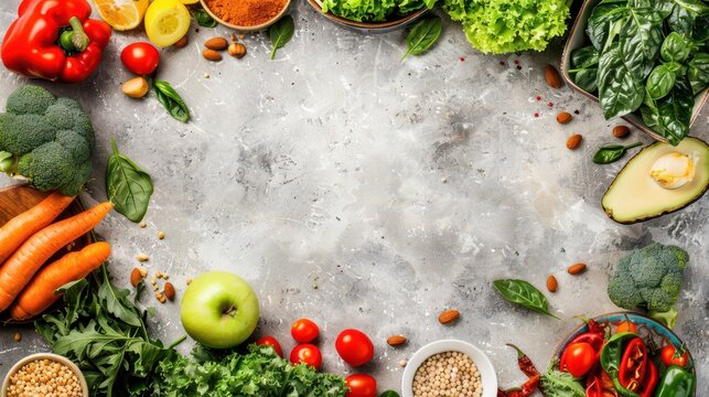 Colorful array of fresh vegetables and fruits celebrating world vegan day on rustic background. Template with fresh vegetables. Horizontal banner. Copy space. Healthy Food. World Vegetarian Day