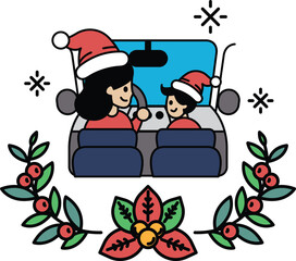 A woman and a child are in a car, with a wreath of leaves in the background