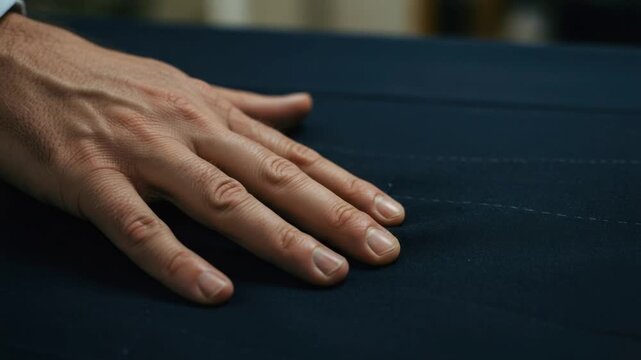 Hand on dark pinstripe fabric