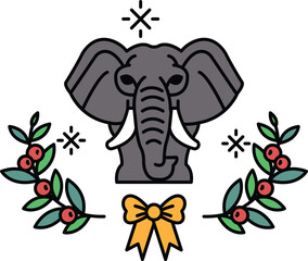 A cartoon elephant with a bow around its trunk