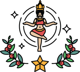 A woman in a red dress is dancing in a circle