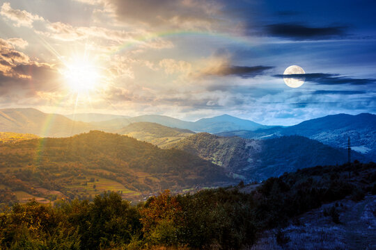 autumn equinox landscape in mountains. beautiful view of countryside. day and night time change concept. alps in the background. cloudy sky. picturesque rural scenery with village with sun and moon - Powered by Adobe