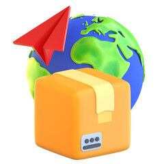 International Shipping Concept with Orange Package Red Paper Airplane and Earth Globe with Transparent Background Isolated 3D Rendering