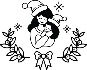 A woman is holding a child in a Christmas hat