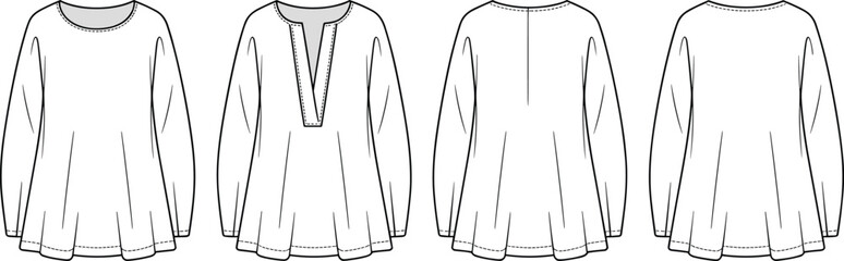 Flat sketch tunic top CAD vector, long sleeve blouse fashion template with round neck and V-neck options apparel design