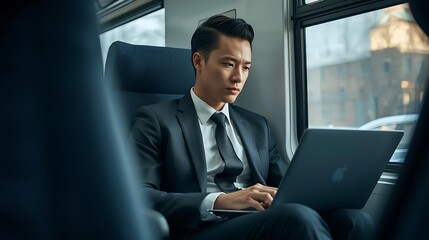 Young professional working on laptop while traveling to the office, representing business on the go, productivity, and modern work lifestyle