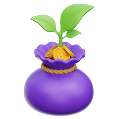 Investment Growth Concept with Purple Sack of Golden Coins and Sprouting Green Plant on Transparent Background Stock Photo