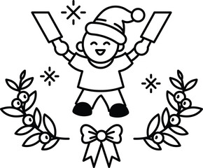 A boy is holding two knives and is wearing a Santa hat