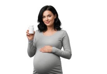 Smiling pregnant woman in gray dress holding bottle of pills isolated on transparent background