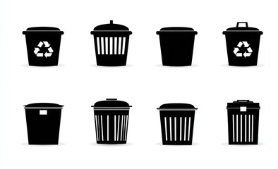 Collection of various black and white recycling and trash receptacles, presented in a simple and modern icon design.