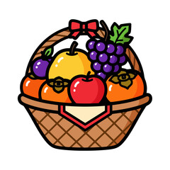 Woven basket overflowing with colorful assortment fresh fruits, including apples, grapes, pears, and persimmons