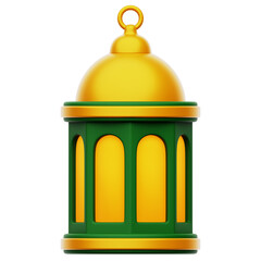 Isolated Arabic Lantern Golden Dome with Green Trim and Yellow Light on Transparent Background Festive Religious Object Symbolic Celebration Ornament Decorative