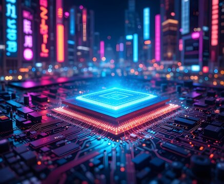 High performance microchip processor with neon light cityscape background symbolizing artificial intelligence and future technology