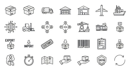 Collection of logistics and shipping icons isolated on white background