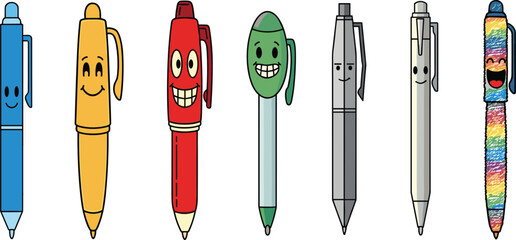 Colorful cartoon pens with cute faces, kawaii stationery illustration, smiling ballpoint pens, creative doodle writing tools vector