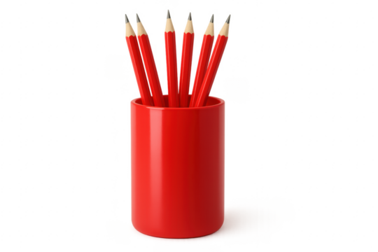 Red pencils standing in a cylindrical holder, transparent background