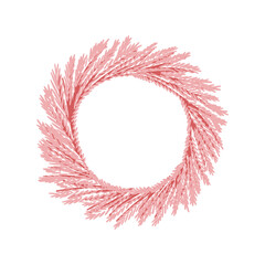 Christmas wreath made of pink fir branches. Hand drawn vector isolated illustration. Winter holiday decoration. Decorative frame. Design for greeting card, invitation, poster