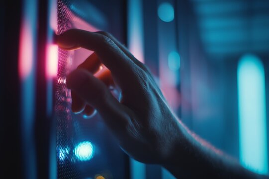 Hand touching server panel with neon lights in data center - Powered by Adobe