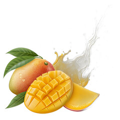 Floating mango slices with golden juice splash transparent background &ndash; tropical fruit photo manipulation