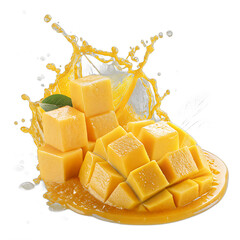 Floating mango slices with golden juice splash transparent background &ndash; tropical fruit photo manipulation
