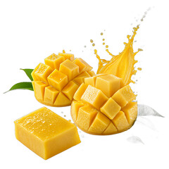 Floating mango slices with golden juice splash transparent background &ndash; tropical fruit photo manipulation