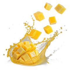 Floating mango slices with golden juice splash transparent background &ndash; tropical fruit photo manipulation
