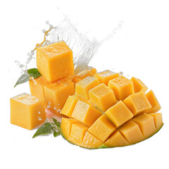 Floating mango slices with golden juice splash transparent background &ndash; tropical fruit photo manipulation