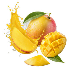 Floating mango slices with golden juice splash transparent background &ndash; tropical fruit photo manipulation