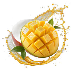 Floating mango slices with golden juice splash transparent background &ndash; tropical fruit photo manipulation