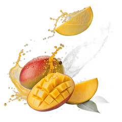 Floating mango slices with golden juice splash transparent background &ndash; tropical fruit photo manipulation
