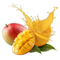 Floating mango slices with golden juice splash transparent background &ndash; tropical fruit photo manipulation