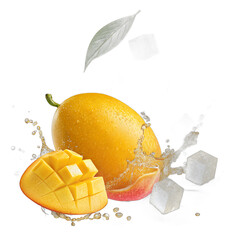 Floating mango slices with golden juice splash transparent background &ndash; tropical fruit photo manipulation