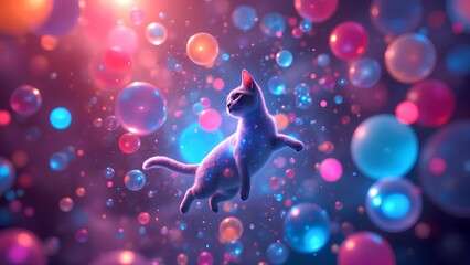 A cute cat floats gracefully through a magical dreamscape of colorful, glowing bubbles and sparkles, creating a playful and whimsical fantasy scene.