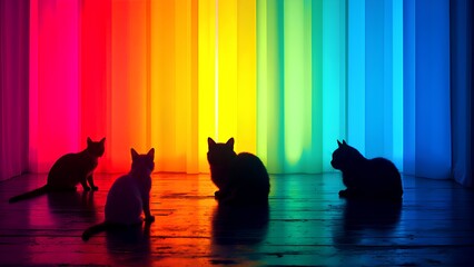 The silhouettes of four cats sit in a room with a vibrant rainbow curtain, creating a colorful, mysterious, and playful scene.