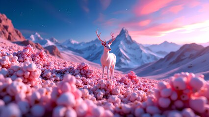 A majestic white deer stands in a surreal field of pink flowers before a snowy mountain range. A beautiful, magical fantasy landscape at twilight