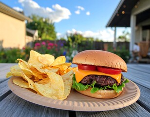 Burger and chips on a patio