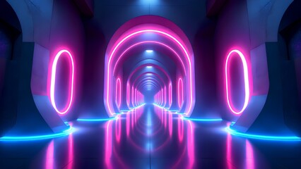 An endless, futuristic hallway of glowing pink and blue neon rings creates a vibrant, abstract tunnel with a sense of infinite speed and motion.