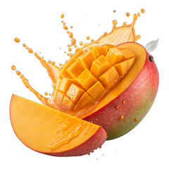 Floating mango slices with golden juice splash transparent background &ndash; tropical fruit photo manipulation