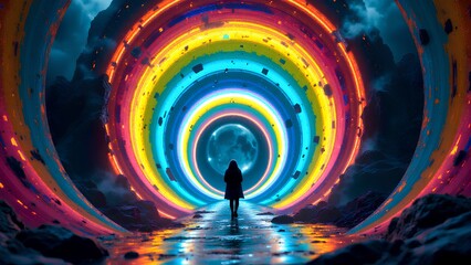 A person's silhouette stands before a giant, glowing rainbow portal in a rocky cave, with the moon visible in the center. A sci-fi fantasy concept.