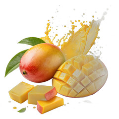 Floating mango slices with golden juice splash transparent background &ndash; tropical fruit photo manipulation