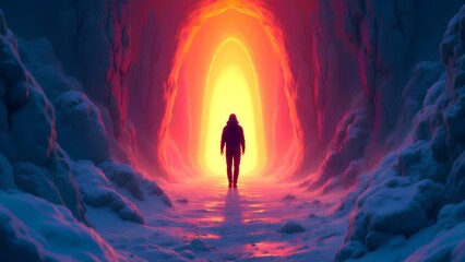 A lone figure walks through a snowy ice cave towards a glowing orange portal, a mystical concept of journey, hope, and the unknown future