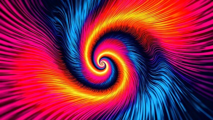 A vibrant, hypnotic spiral of colorful, hairy lines in a psychedelic vortex of pink, blue, and yellow, creating a dynamic abstract background.