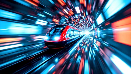 A futuristic high-speed train travels through a glowing tunnel with red and blue motion blur, representing speed, technology, and modern transport.