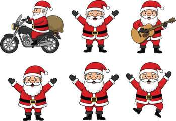 Santa Claus cartoon character riding motorcycle, playing guitar, dancing, joyful Christmas festive holiday illustration, vector artwork design