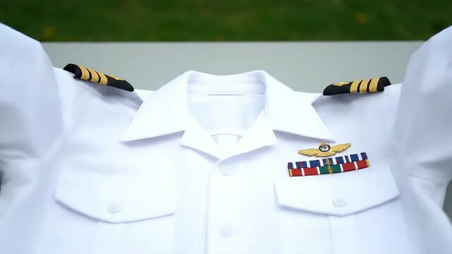 Close up of a pristine white military uniform shirt displaying gold captain epaulets pilot wings insignia and colorful service ribbons symbolizing honor and dis