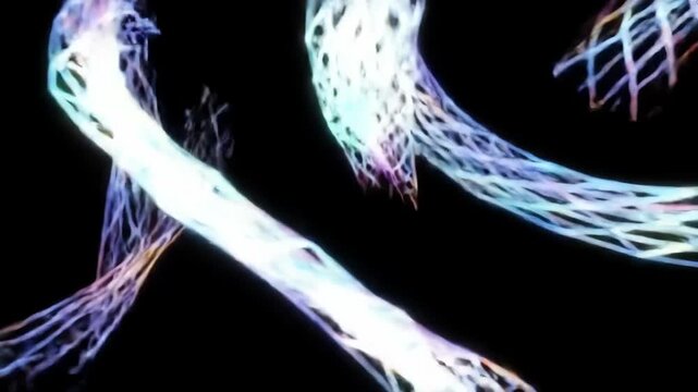 Abstract neon web-like forms against a black background