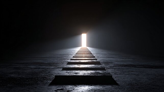 Abstract path of footsteps leading toward glowing light between tall buildings for success journey.